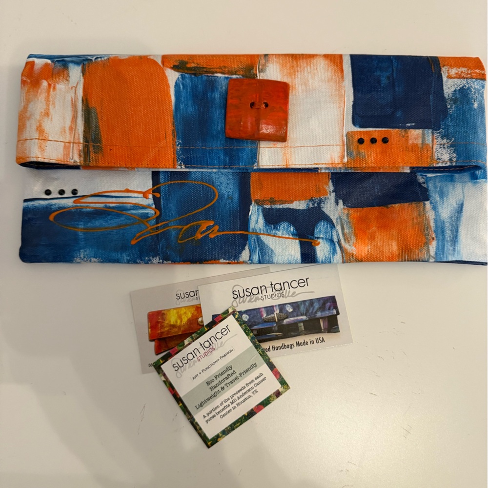 Susan Tancer Colorful clutch handpainted Blue/Orange Bag